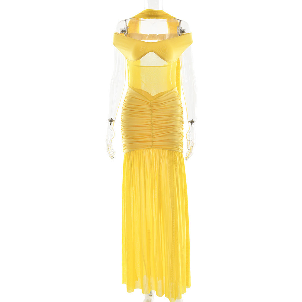 Summer Sexy Tube Top Backless Dress Mesh Pleated Slit Dress