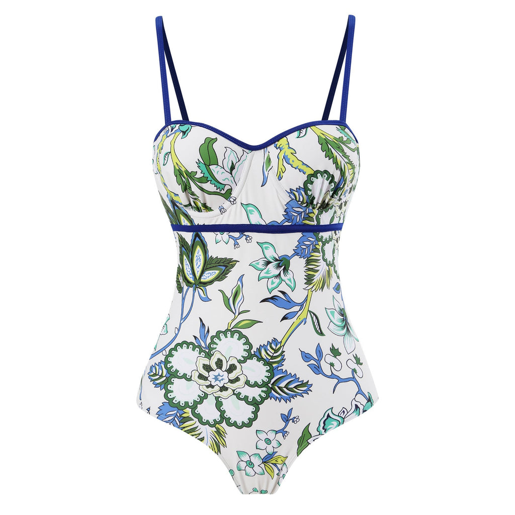 One Piece Swimsuit Women Skinny Slimming Vintage Printed Chiffon Dress with Steel Bracket Hard Bag Swimsuit