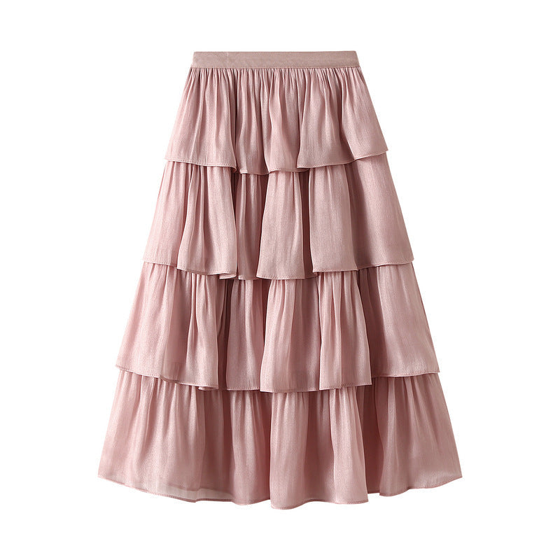 Spring Summer Fresh Casual All-Match Flow Glossy Fabric Tiered Dress Mid Length Skirt Women