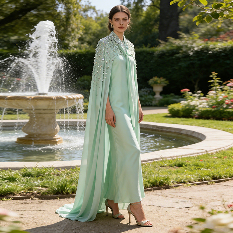 Spring Elegant Retro Exquisite Rhinestone Cape Shawl High Waist Slimming Dress