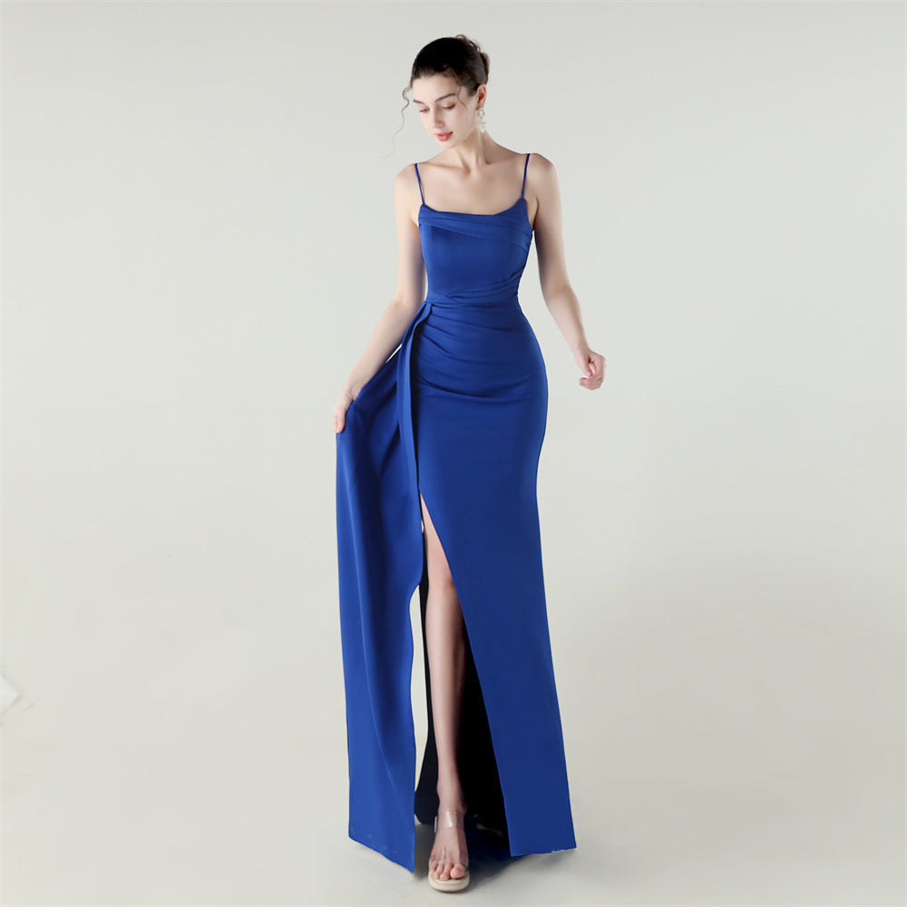 Camisole Tube Top Satin Pleated Fishtail High Slit Evening Dress Elegant Slim Dress for Dinner Ceremony