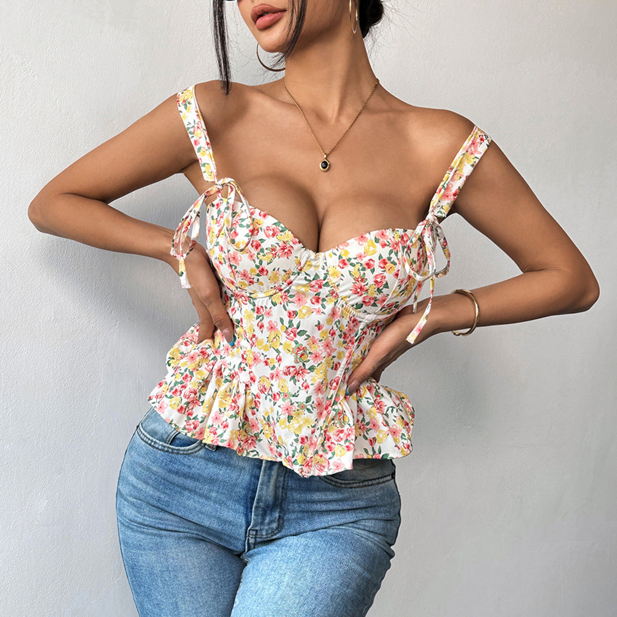 Floral Spring Summer Lace up Adjustable Boning Corset Corset Waist Trimming Ruffles Chest Cotton Camisole