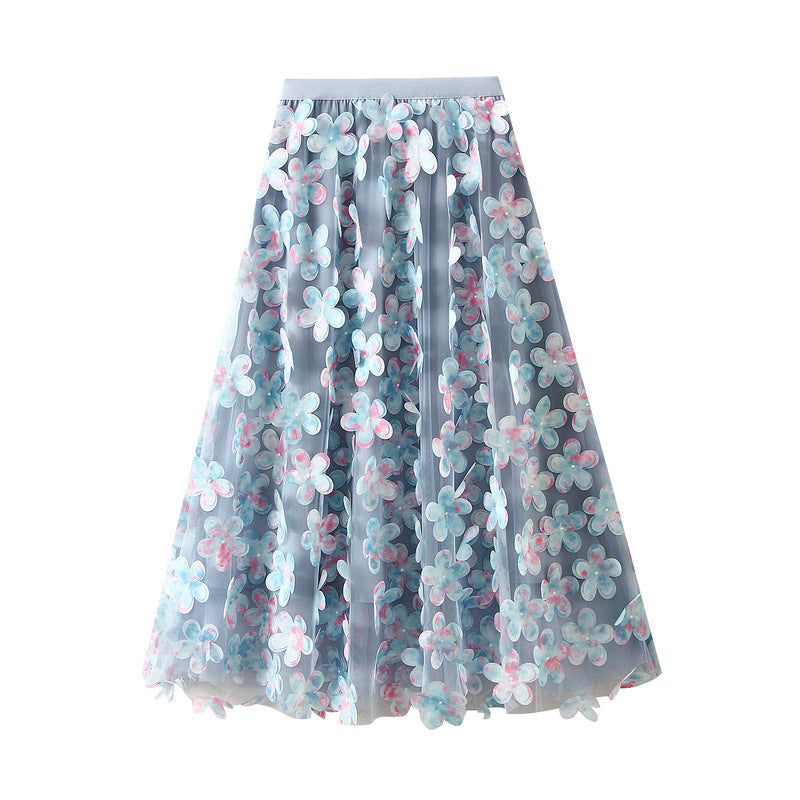 Exquisite Floral Three-Dimensional Petals Mesh Fairy Gauze Skirt Autumn Cover Long Umbrella Skirt