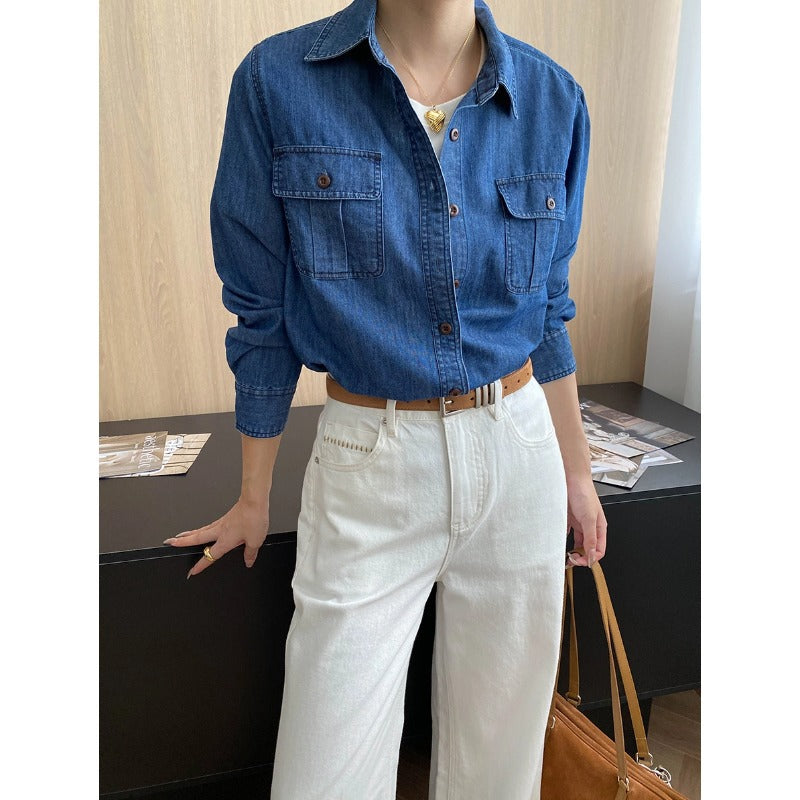 Early Autumn Relaxed Old Money Flip Pocket Design Bandage Dress Casual Denim Shirt