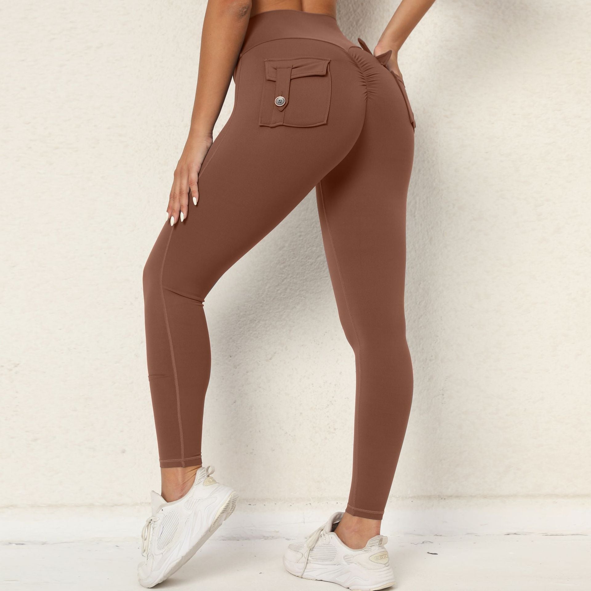 Peach Hip Workwear Tight Pocket Yoga Pants Women High Waist Stretch Hip Lift Button Quick Drying Running Fitness Pants Women