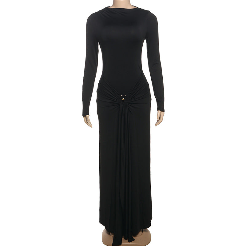 Summer Women Clothes Elegant Decorative Buckle Solid Color Long Sleeve Narrow Tight Strap Dress