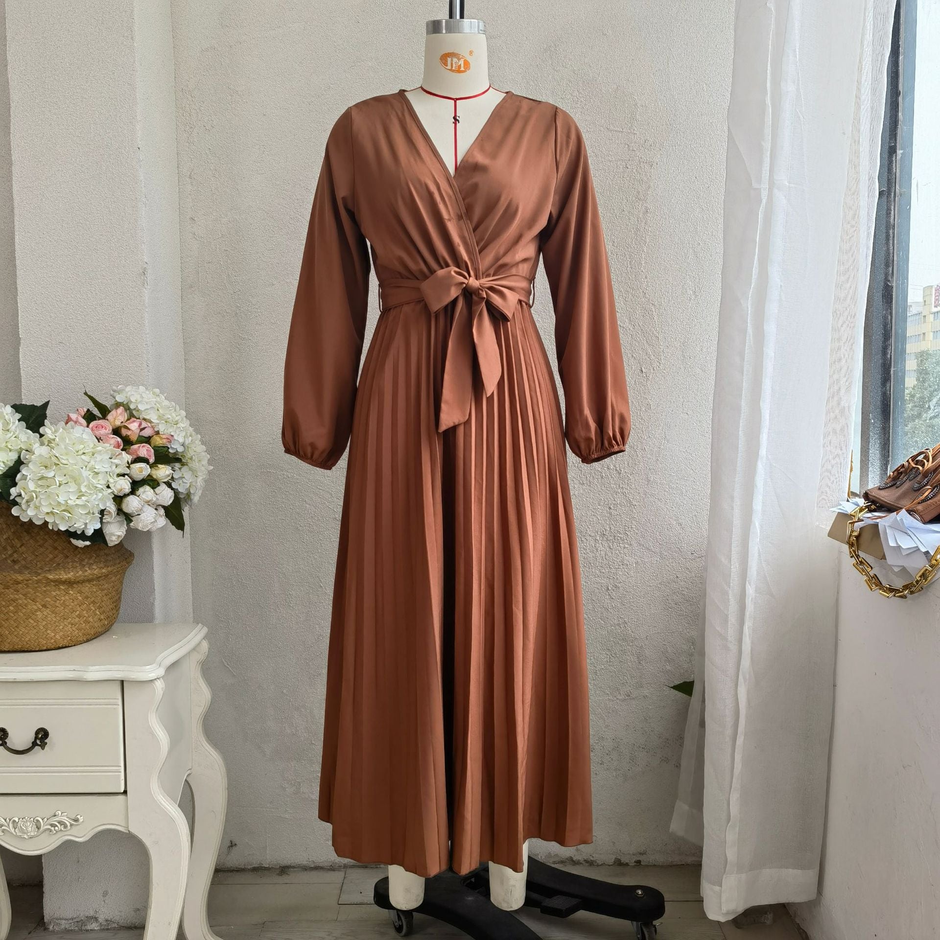 Popular Spring Summer Elegant Cross V neck Swing Pleated Dress Women Clothing
