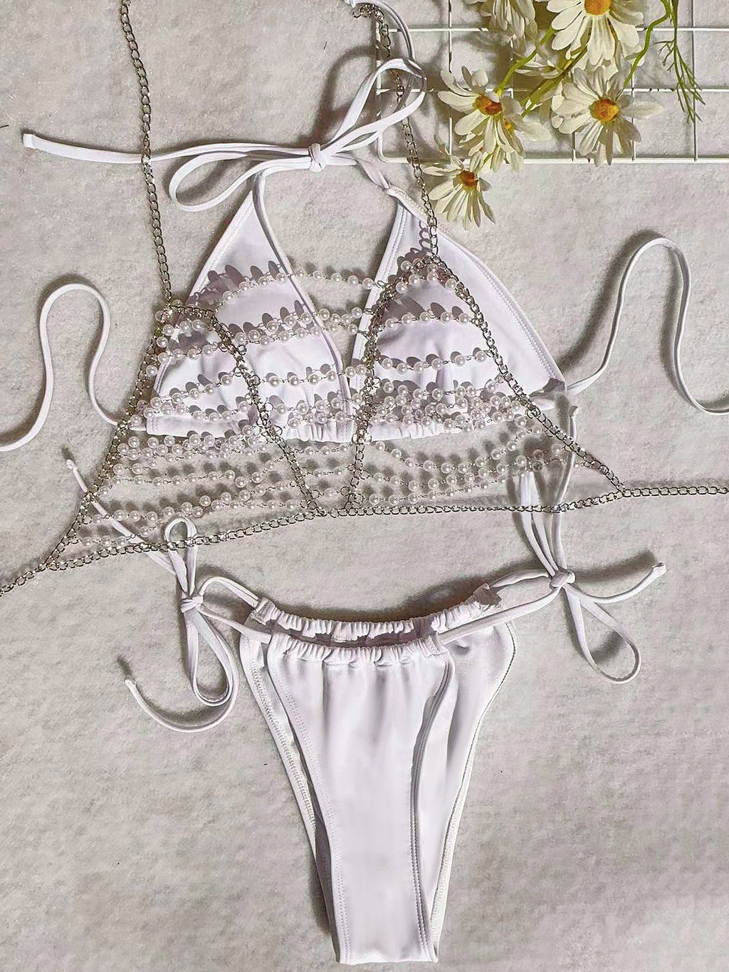 Sexy Pearl Chain Bandage Swimsuit Women Split Three Piece Bikini