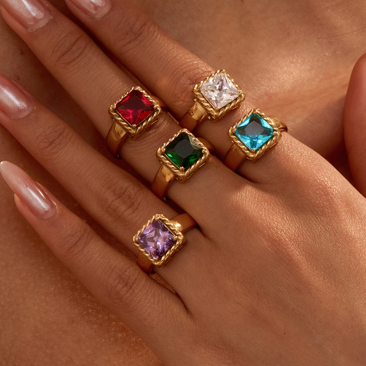 Entry Lux Color Square Open End Zircon Ring Stainless Steel 18K Gold Plating Vintage Modern Office Ring