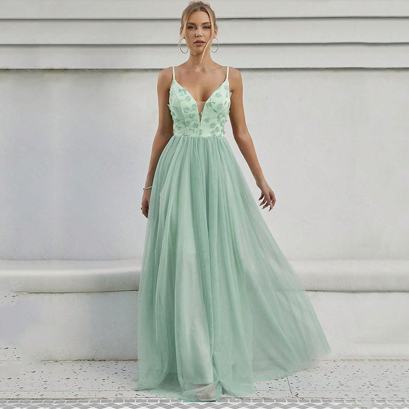 Evening Dress Sexy Hollow Out Cutout out Backless Deep V Plunge Lace Stitching Long Sleeve Dress