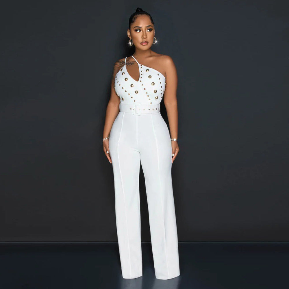 Solid Color Jumpsuit Slim Fit One Shoulder Wide Leg Pants Women