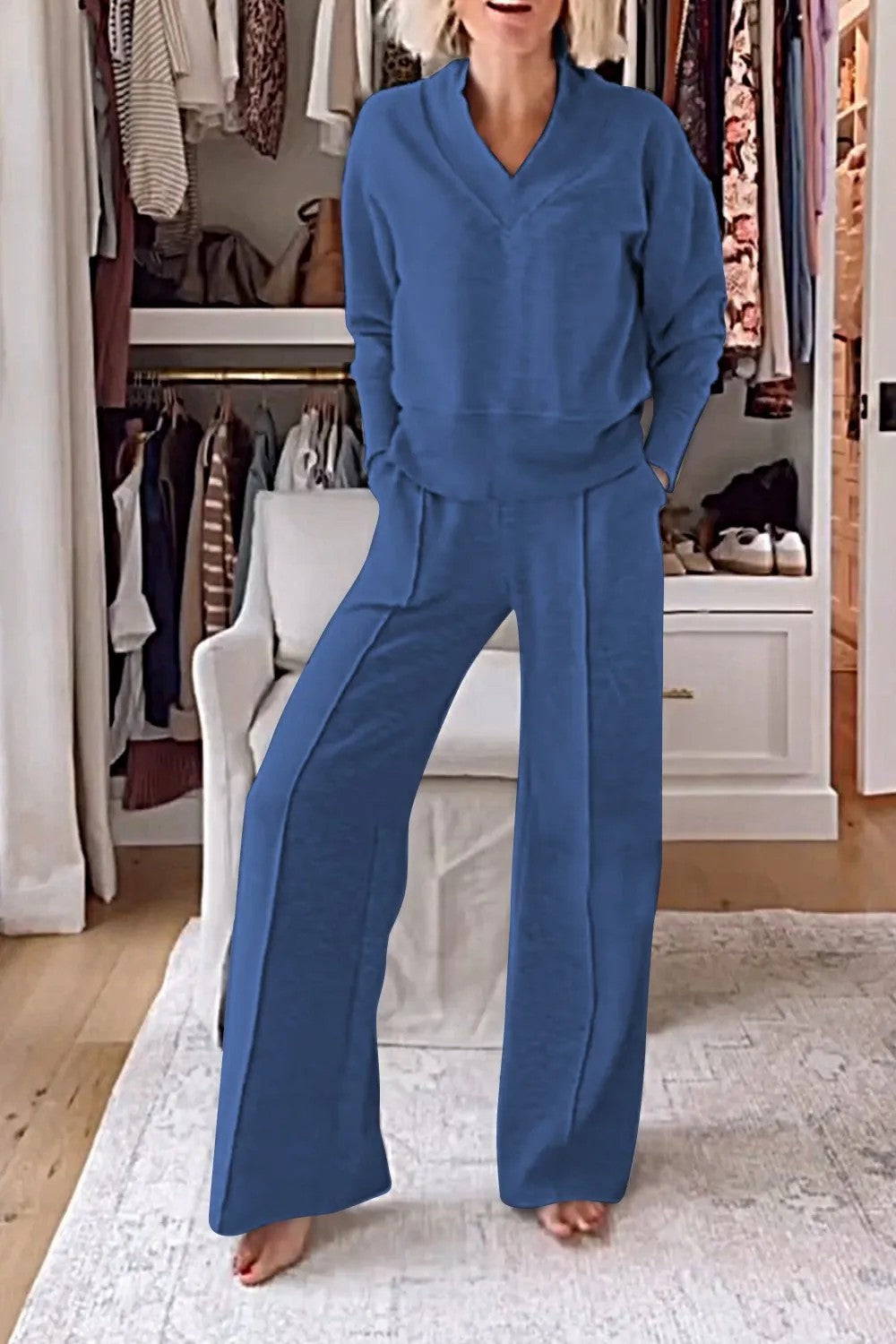 Autumn Casual V neck Long Sleeve Loose Top Wide Leg Pants Two Piece Set