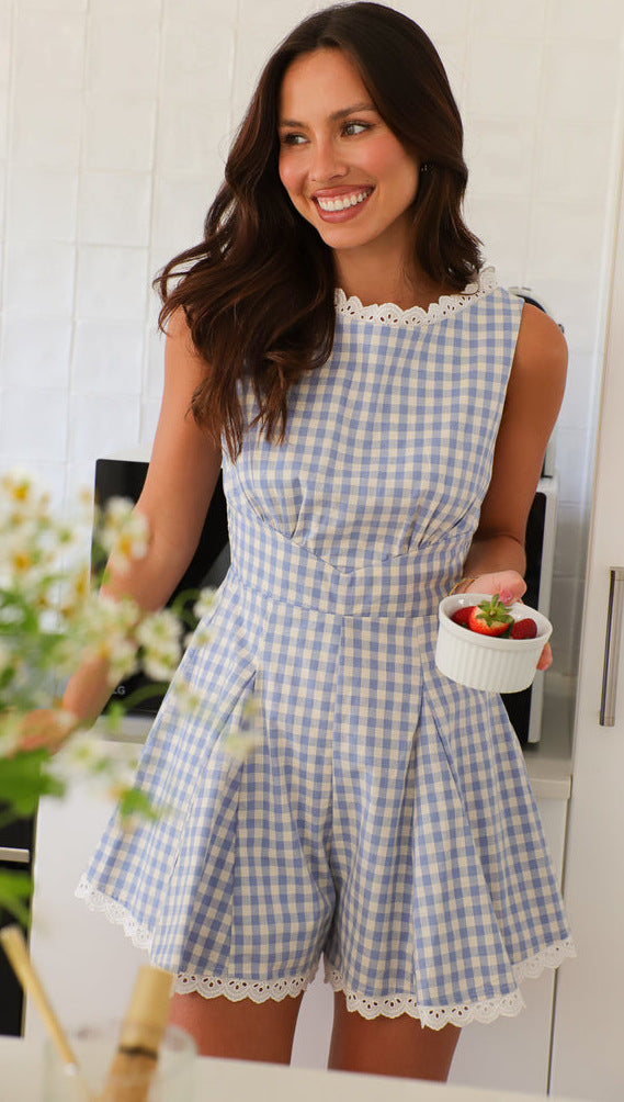 Summer Women Wear Plaid Waist Tight Stand Collar Short Sleeveless Jumpsuit