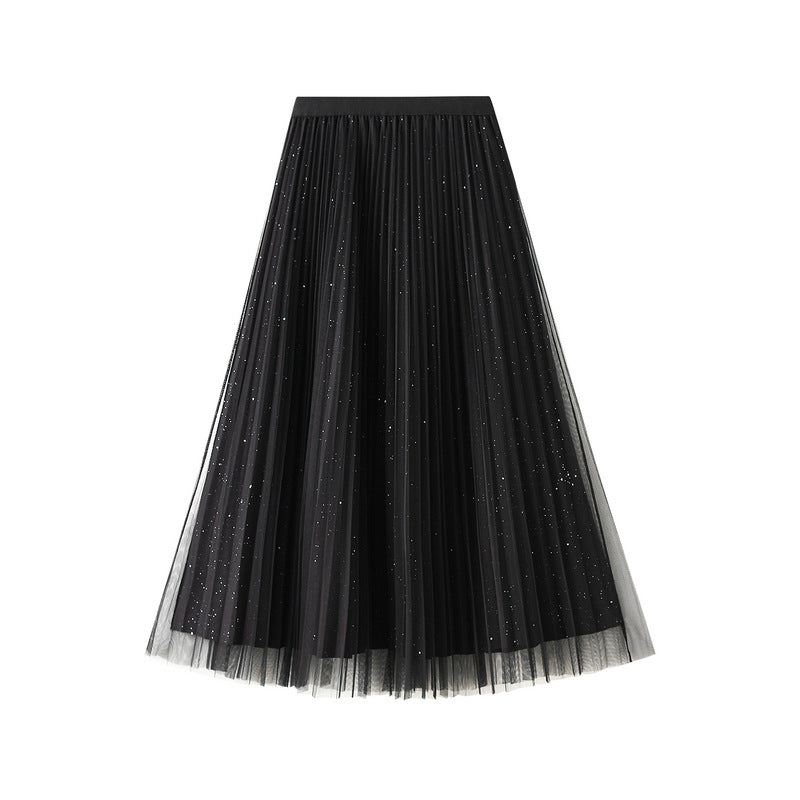 Bright Silk Pleated Skirt Mesh Skirt Women Mid Length Gauze Skirt Two Sided Wear