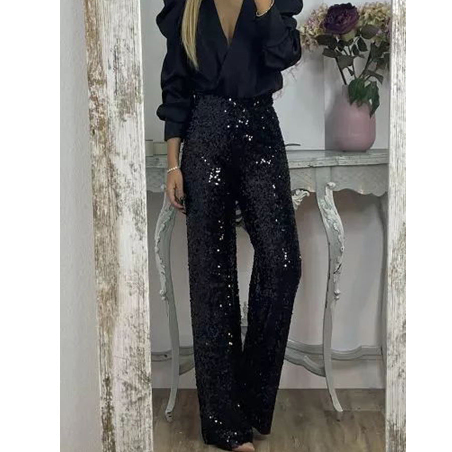 Spring Summer Party Sequ Bell Bottom Pants Casual Slim Elastic Multi Color Bell Bottom Pants