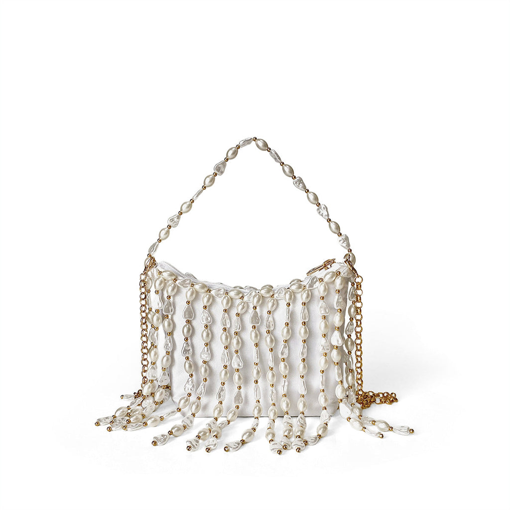 Chinese Bag Vintage Weave Beaded Irregular Asymmetric Pearl Bucket Silk Satin Dumpling Cocktail Underarm Crossbody Bag