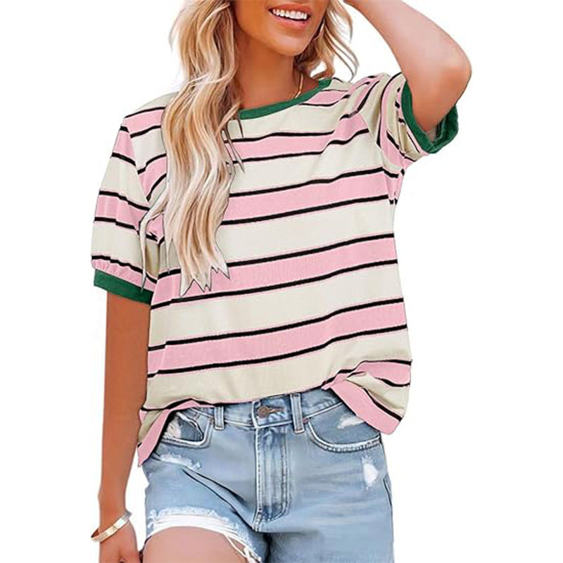 Summer Striped Loose Round Neck Short Sleeve T Shirt Women Casual Color Contrast