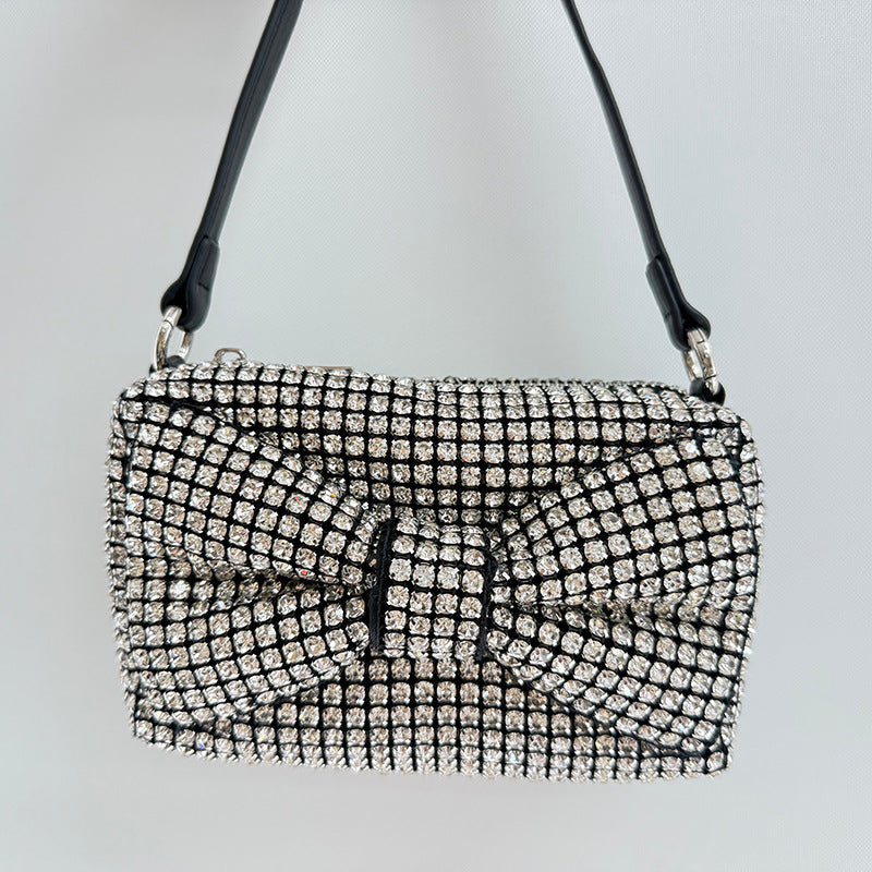 Chic Bow Classic Small Square Bag Full Diamond Party Rhinestone Clutch Chain Shoulder Crossbody Women Trendy Bag