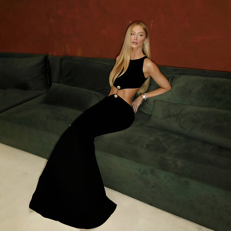 Fall Women Clothing Sexy Waist Hollow Out Cutout out Maxi Dress round Neck Sleeveless Solid Color Dress