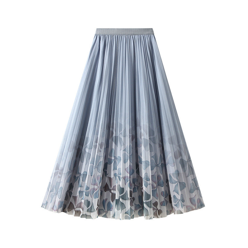Printed Mesh Skirt Women Spring Summer Floral Gauze Skirt Mid Length Drape Pleated Skirt