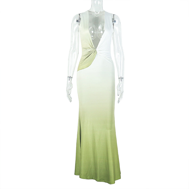 Design Slim Women Clothing Gradient Color Tight Sexy Deep V Plunge neck Sleeveless Dress