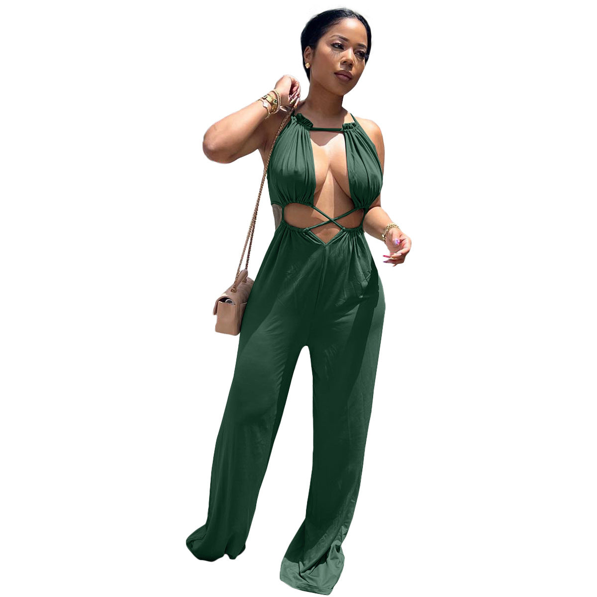 Sexy Irregular Asymmetric Lace up Wrapped Chest Loose Wide Leg Jumpsuit