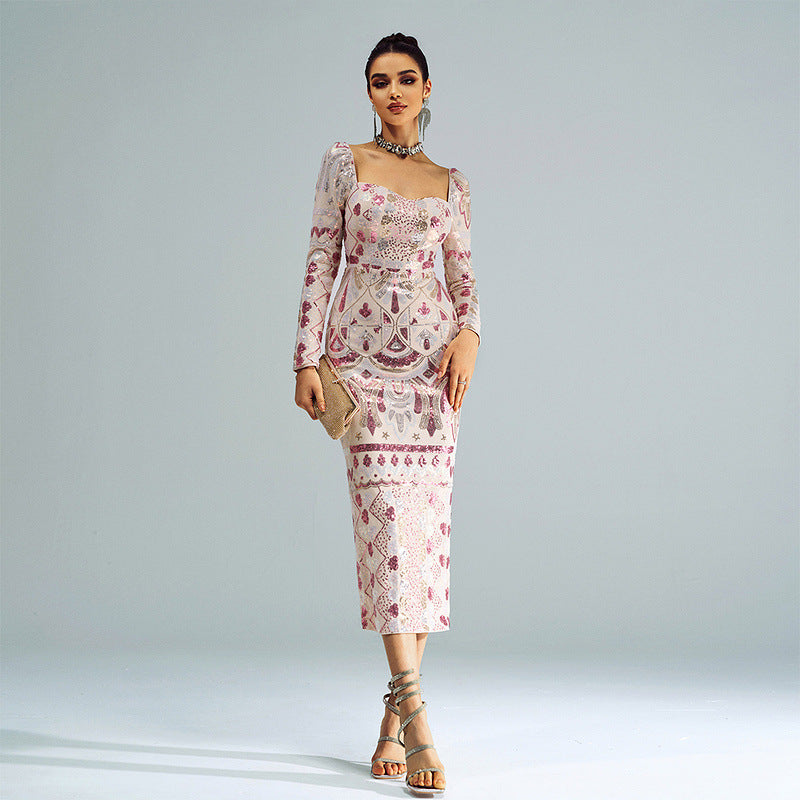 High End Long Sleeve Square Collar Sexy Mid Length to Long Sequined Cocktail Evening Dress Bridesmaid Dress