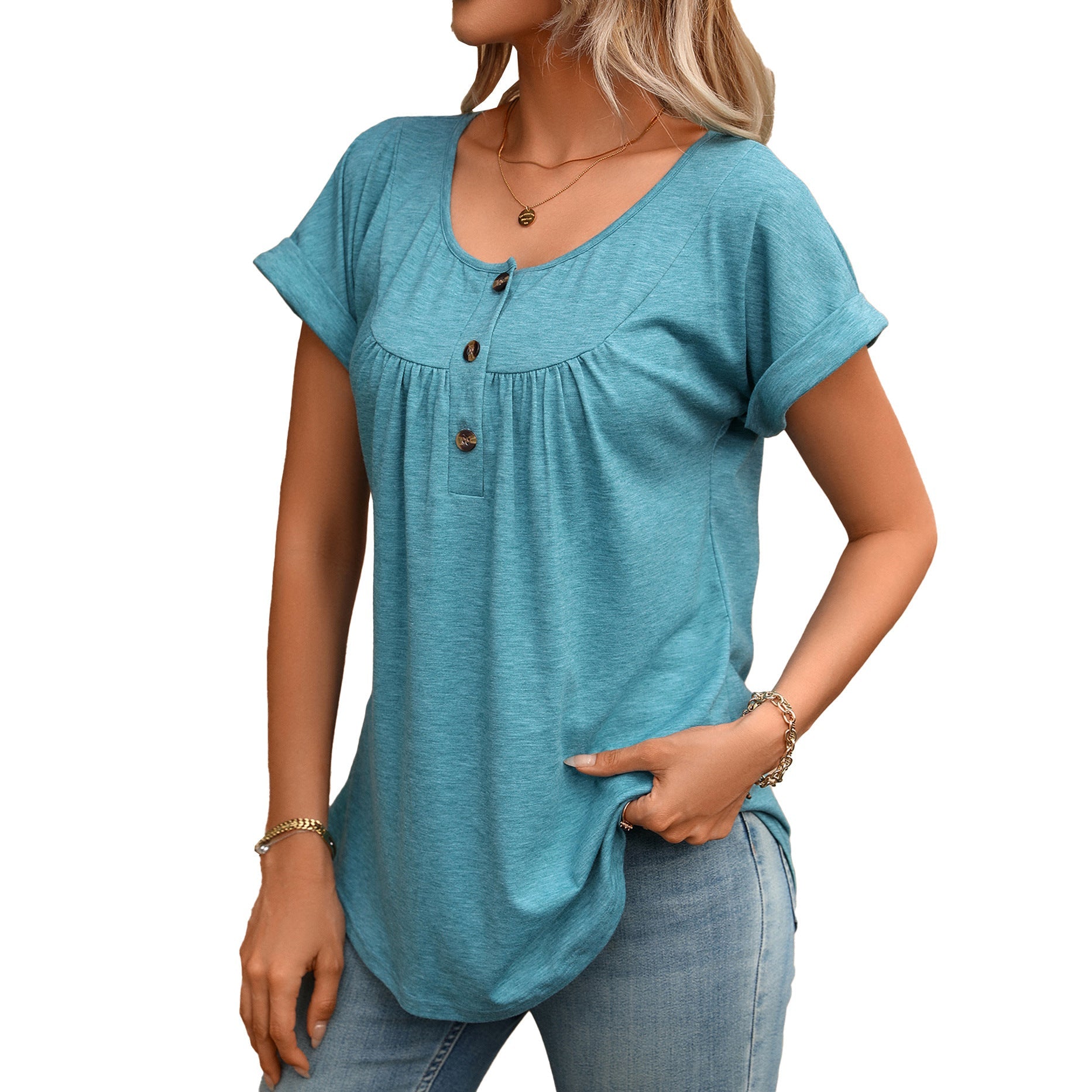 Summer Solid Color round Neck Button Loose Short Sleeve T shirt Top Women