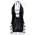 Black Faux Leather Patent Leather Staring Beads Metal Hollow Out Cutout Halter Strap Sexy Deep V Plunge Sexy Home Nightdress Women