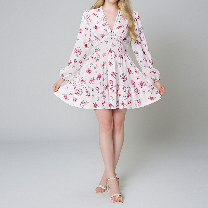 Spring Women Clothing Sweet Elegance Printed V neck Lace Waist Trimming Short Dress