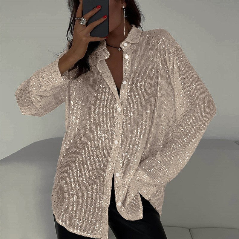 Spring Summer Sequin Top Collared Long Sleeve Cardigan Basic Women Clothing