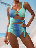 Bikini Gradient Thick Shoulder Strap Waist Hollow Out Cutout out Tied One Piece Bikini Swimsuit Women