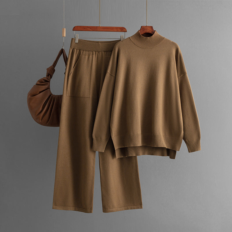 Solid Color Knitted Half Turtleneck Slit Sweater Women Fall Winter Casual Two Piece Sweater
