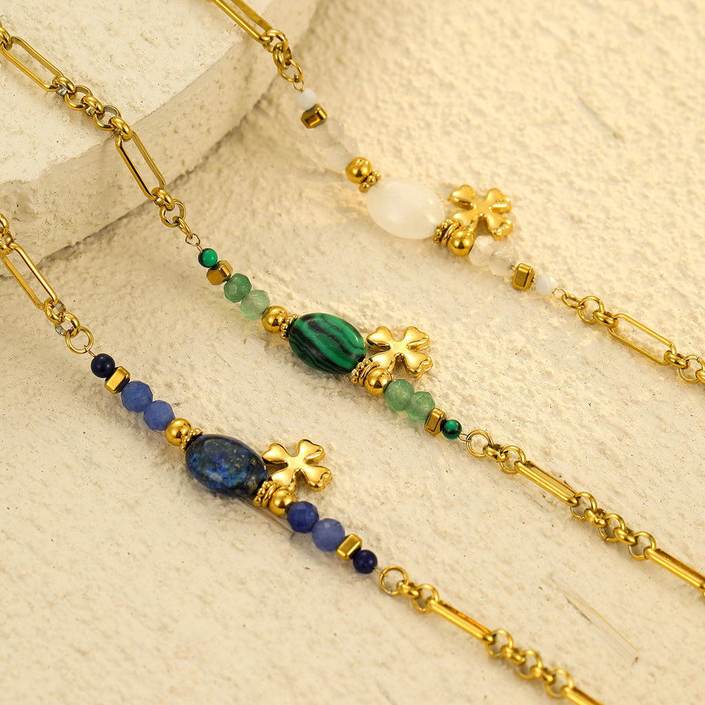 Stainless Steel Natural Stone Lapis Four-Leaf Clover Embellished Bracelet Women Titanium Steel Jewelry
