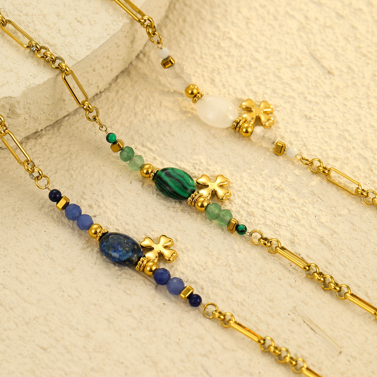 Stainless Steel Natural Stone Lapis Four-Leaf Clover Embellished Bracelet Women Titanium Steel Jewelry