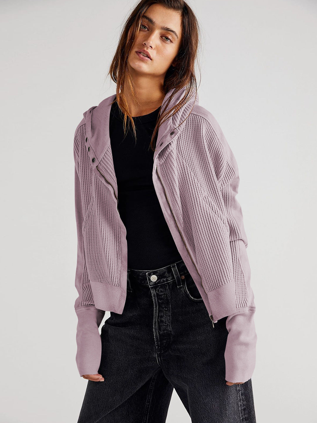 Fall Winter Patchwork Sweatshirt Women Clothing Hooded Long Sleeve Loose Lazy Zipper Hooded Sweatshirt