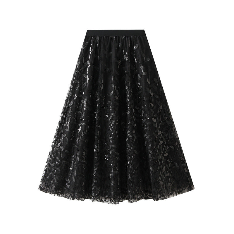 Glitter Leaves Embroidered Long Skirt A line Drape Large Swing Tulle Skirt All Match Fairy Dress