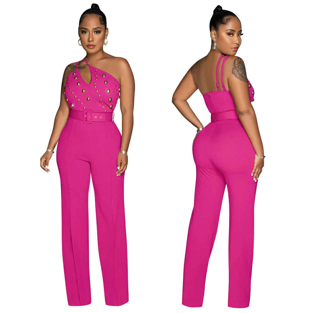 Solid Color Jumpsuit Slim Fit One Shoulder Wide Leg Pants Women