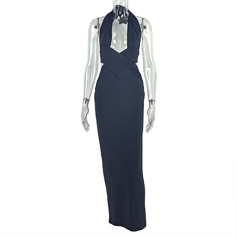 Street Solid Color Women Clothing Ruffle Hip One Step Low Cut Slim Fit Halter Slimming Maxi Dress