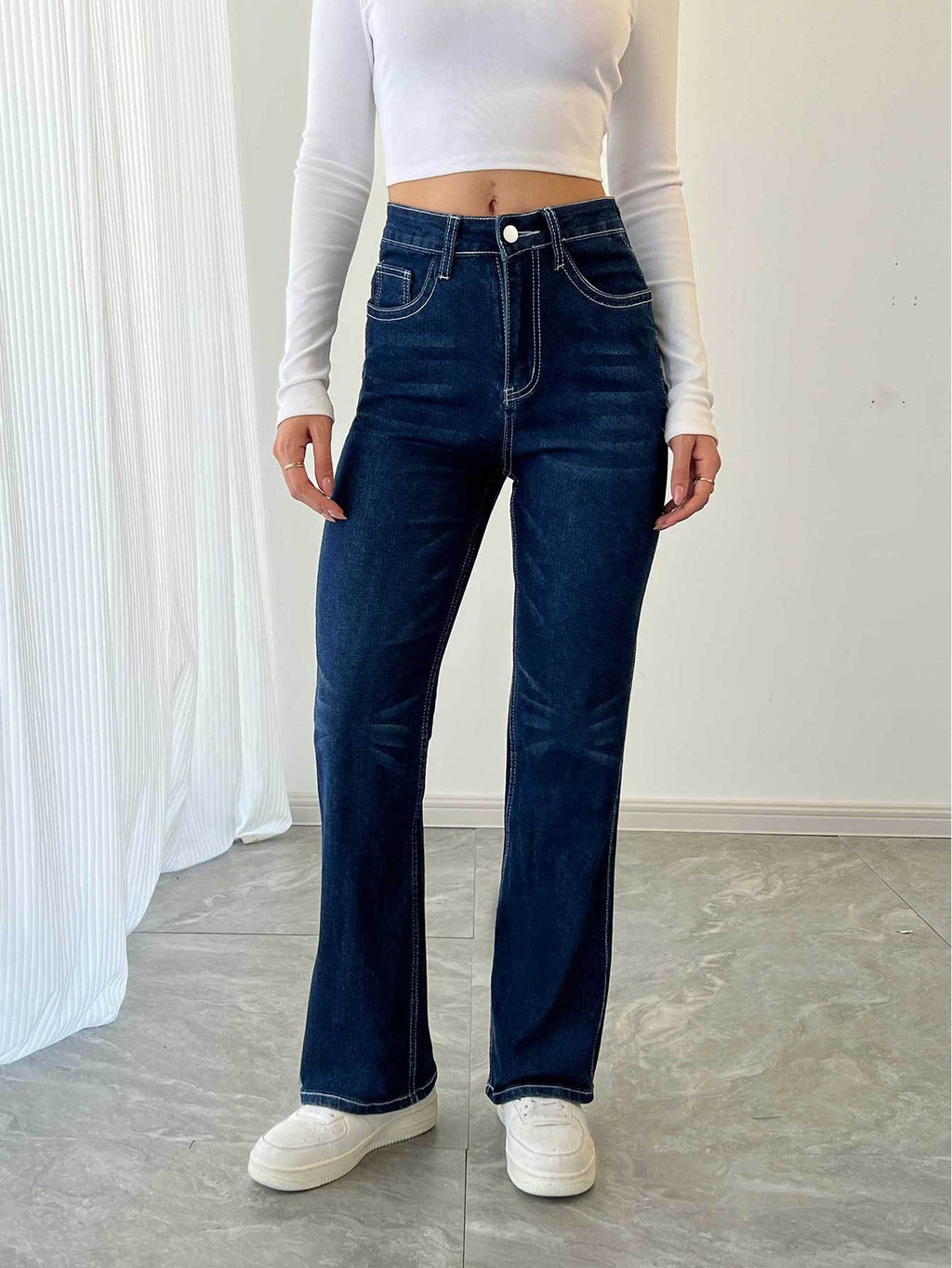 Casual Straight Leg Simple Comfortable Stretch Embroidery Jeans Women