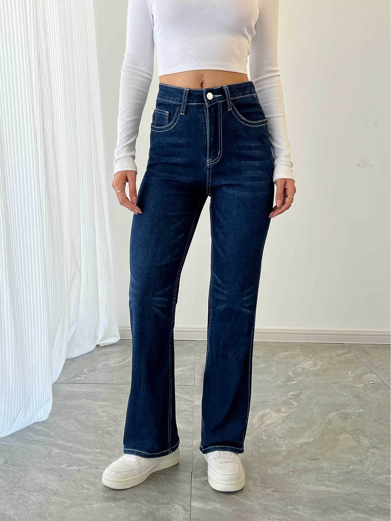 Casual Straight Leg Simple Comfortable Stretch Embroidery Jeans Women