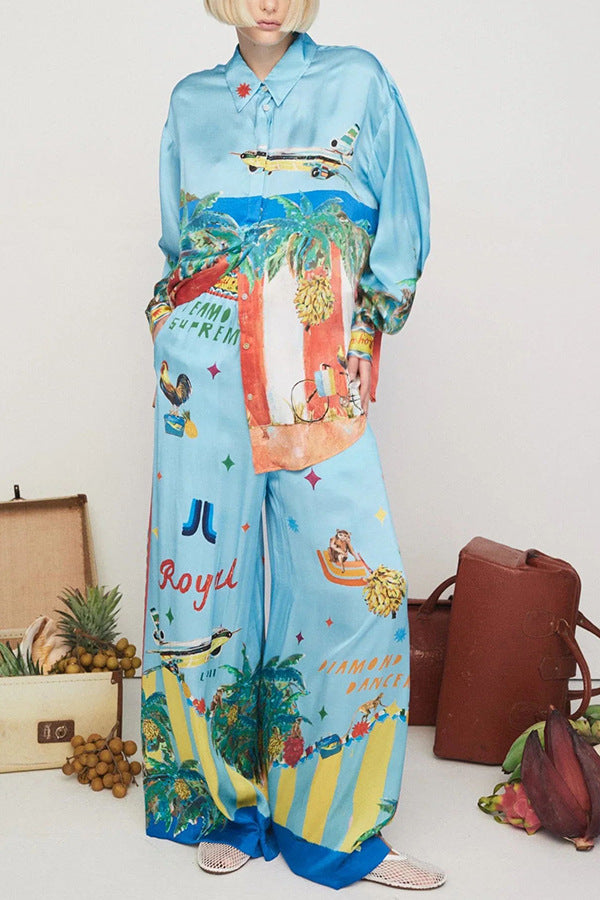 Spring Autumn Long Sleeve Printed Pocket Suit Casual Loose Vacation Two Piece Set Women