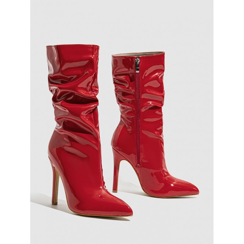Supply Pointed Stiletto Heel Pile Boots Patent Leather Nude Shoes Short High Heel Riding Boots