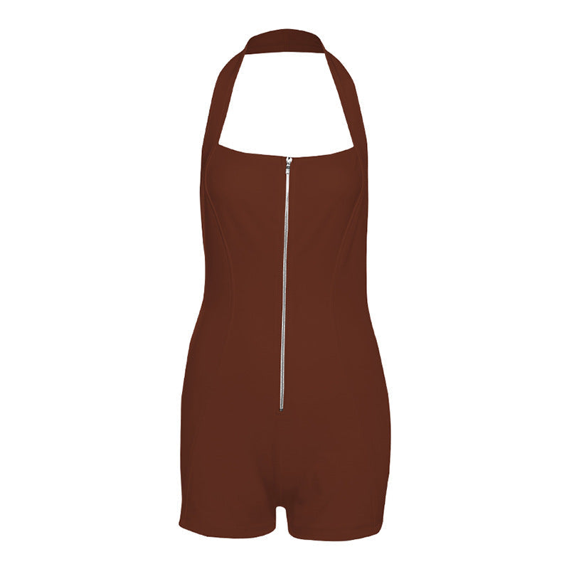 Spring Sexy Slim Fit Halter Zipper Romper Solid Color Backless Straight Leg Pants