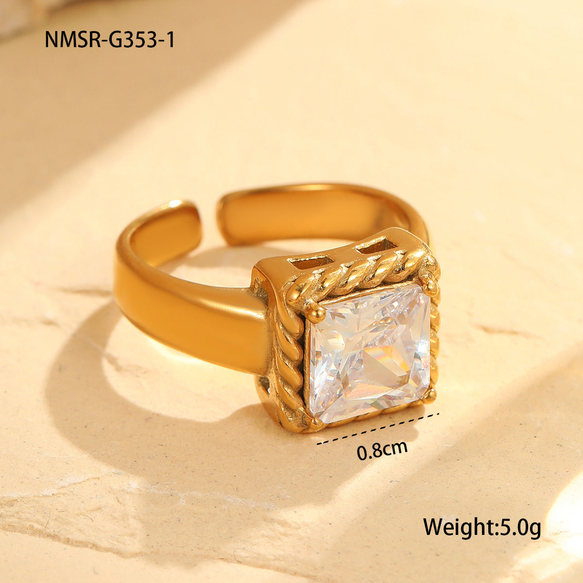 Entry Lux Color Square Open End Zircon Ring Stainless Steel 18K Gold Plating Vintage Modern Office Ring