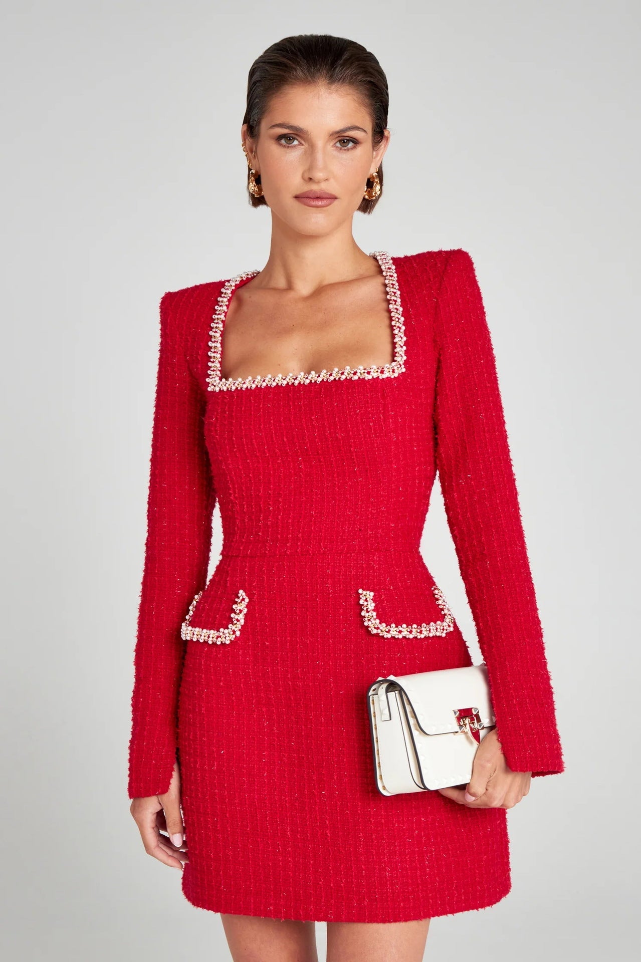 Elegant Slim Fit Slimming U Neck Long Sleeved Beaded Classic Dress Women