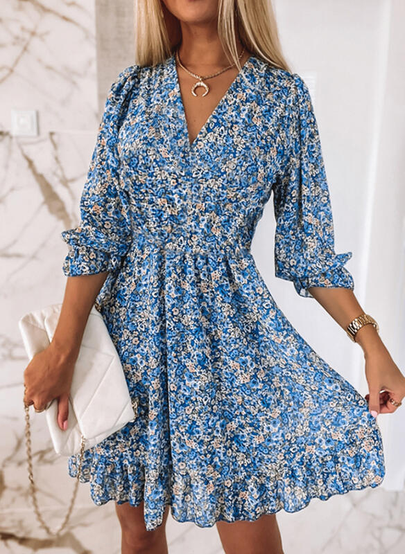Summer Midi Dress V Neck Pullover Bohemian Floral Print Mid Length Sleeves Floral Dress