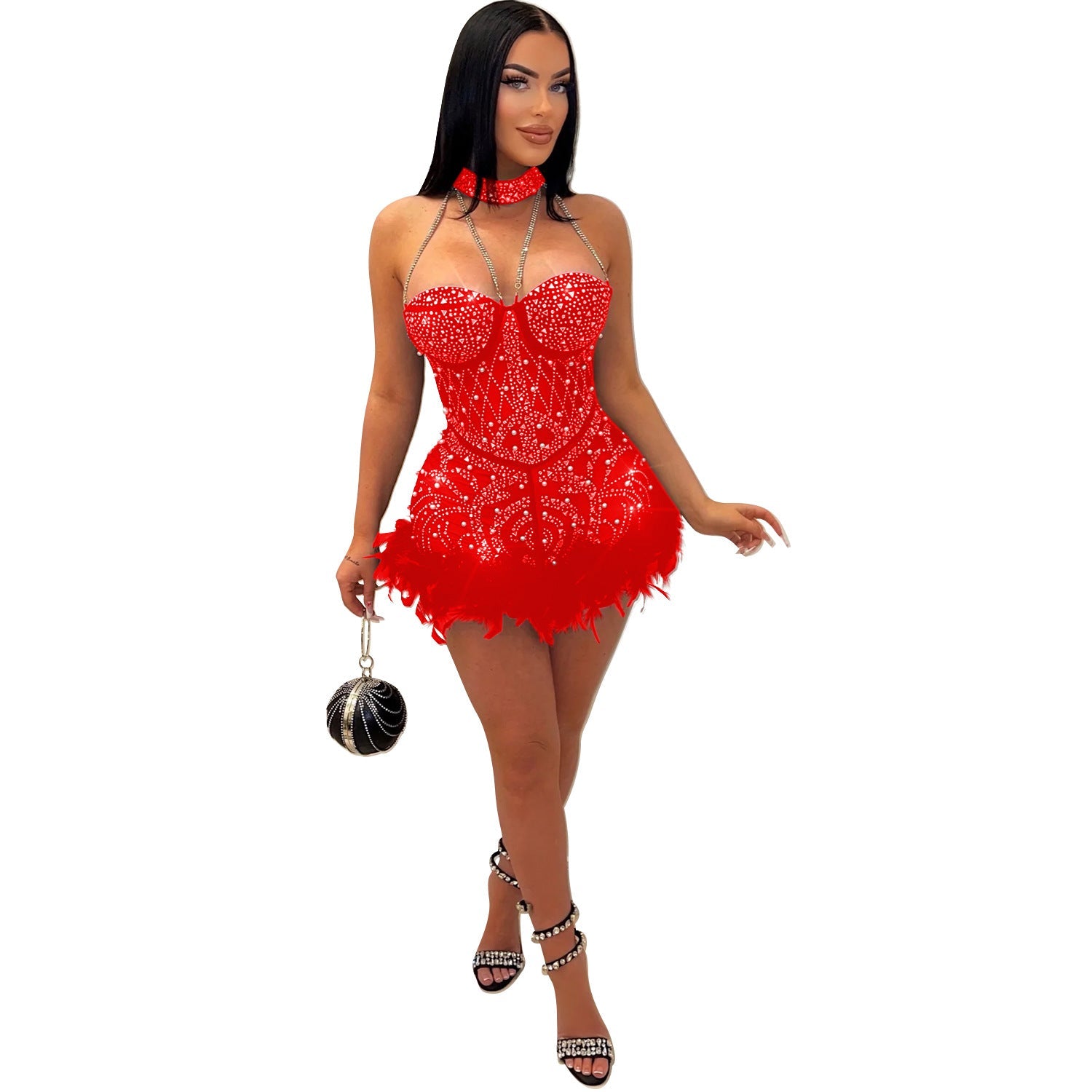 Autumn Winter Women Clothing Rhinestone Beaded Sexy Mesh See through Nightclub Jumpsuit Feather
