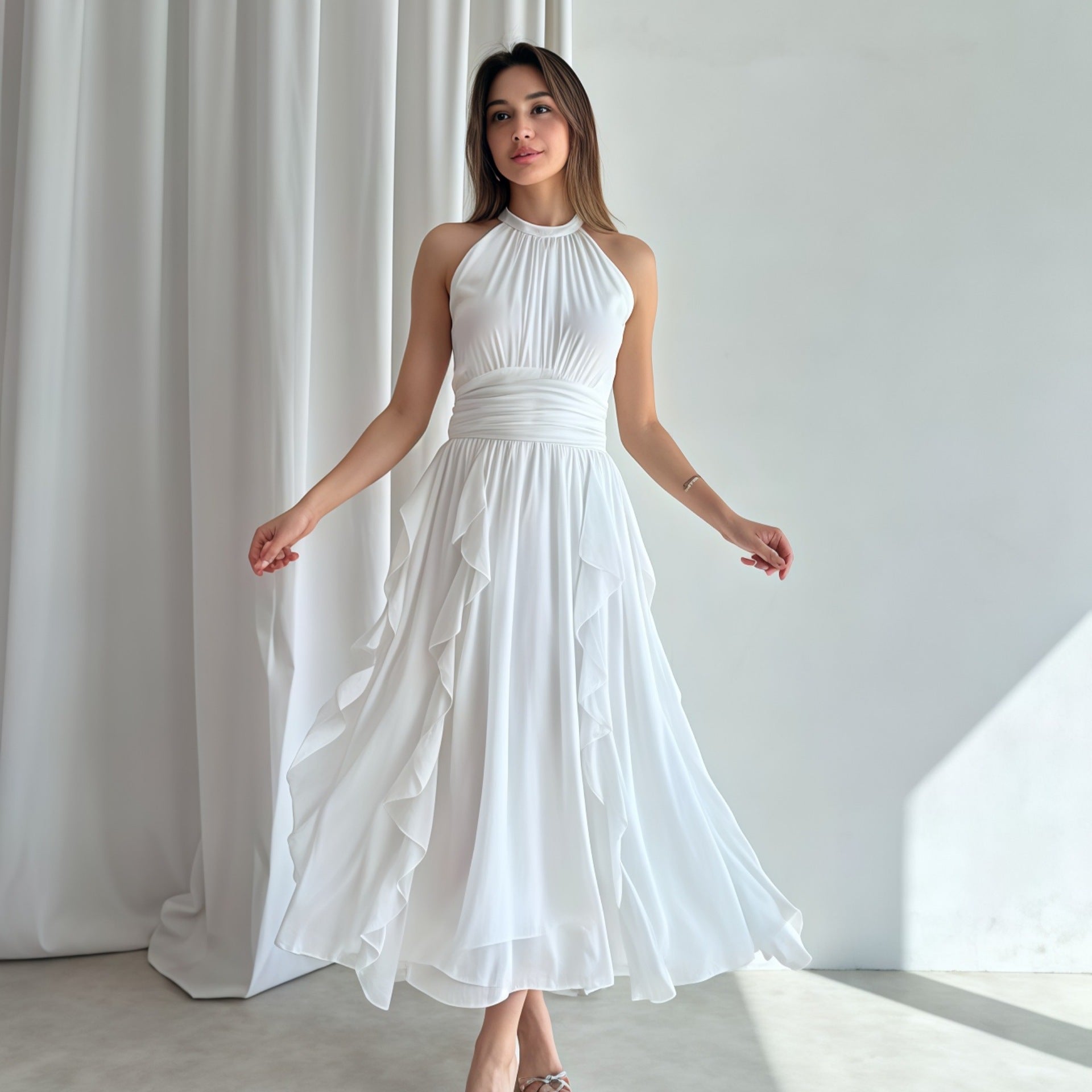 Summer Women Clothing French Ruffled Waist Slimming Dress