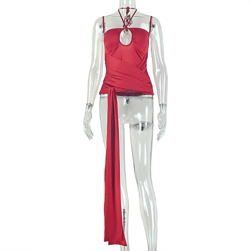 Solid Color Women Pleated Thin Strap Halterneck Sleeveless Summer Backless Wrap Top